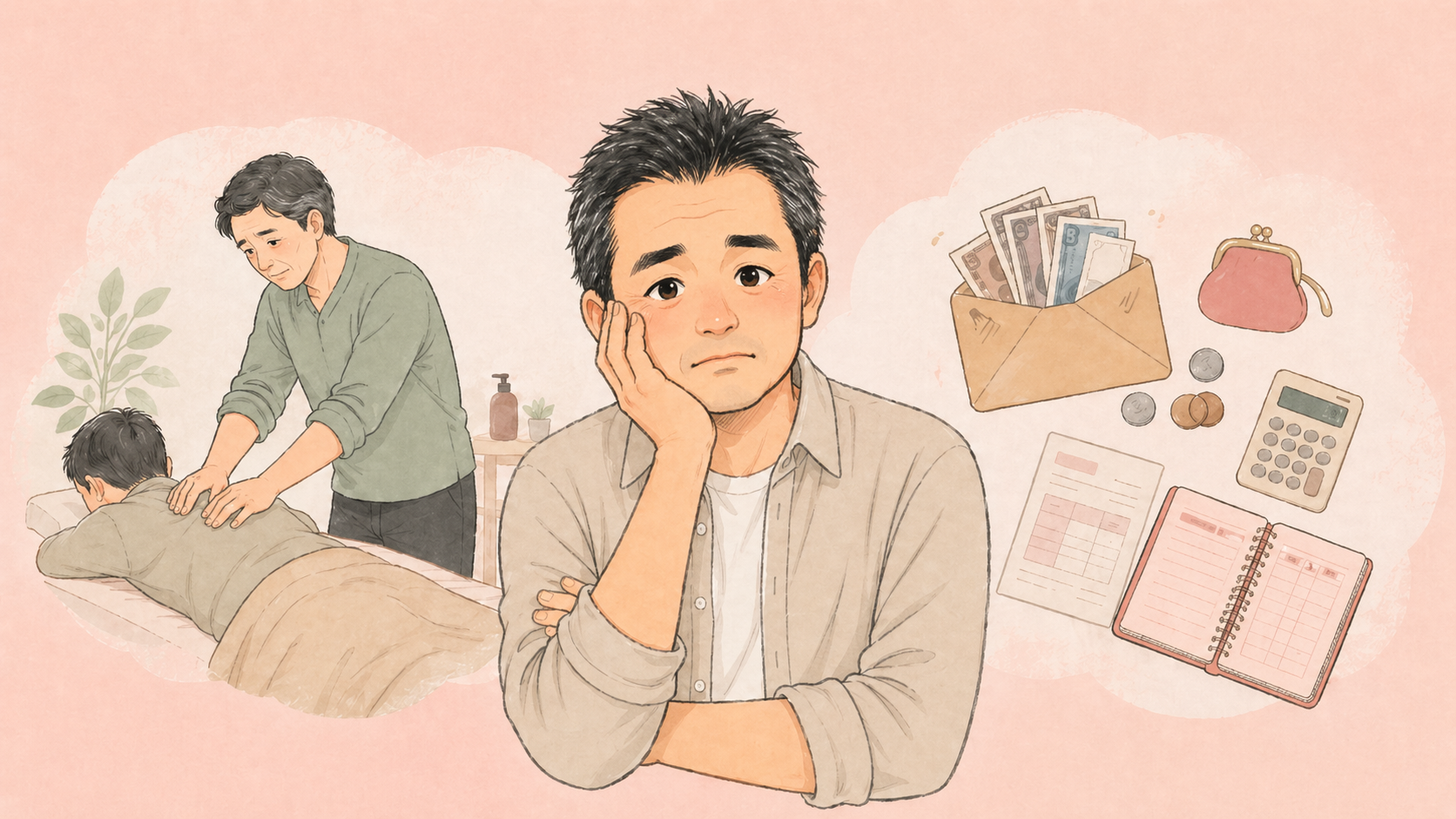 親のマッサージをしながら家計の不安も抱える50代男性を描いたアイキャッチ画像。中央に悩む男性、左にマッサージの場面、右に家計簿やお金のイメージが配置されている。