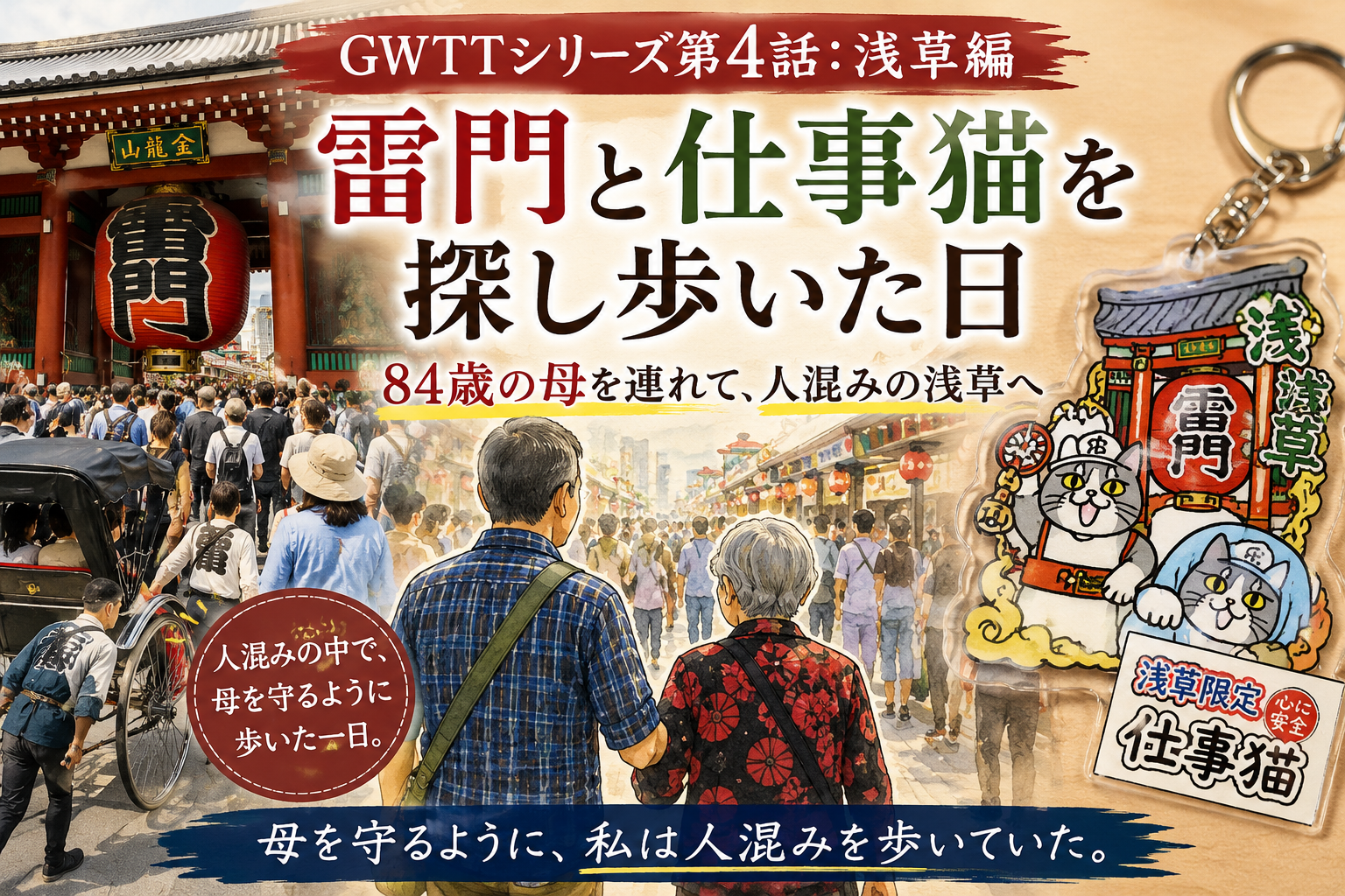 84歳の母を連れて浅草の人混みを歩き、雷門と仕事猫キーホルダーを探したGWTT第4話のアイキャッチ