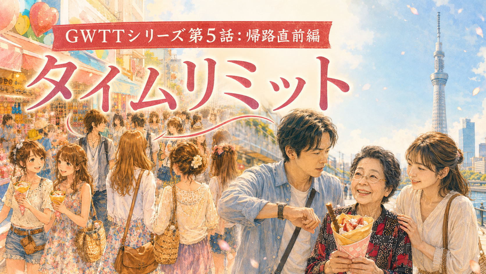 東京スカイツリーを背景に、84歳の母と妹、そしてクレープの思い出を描いたGWTTシリーズ第5話のアイキャッチ