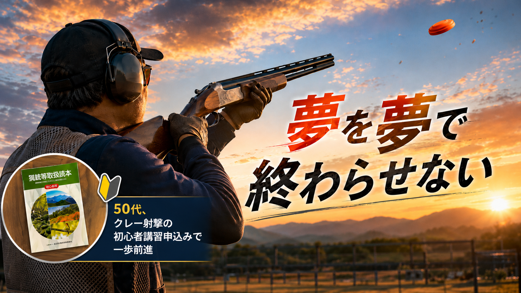「クレー射撃に挑戦する50代男性と猟銃等初心者講習の読本を描いたアイキャッチ」