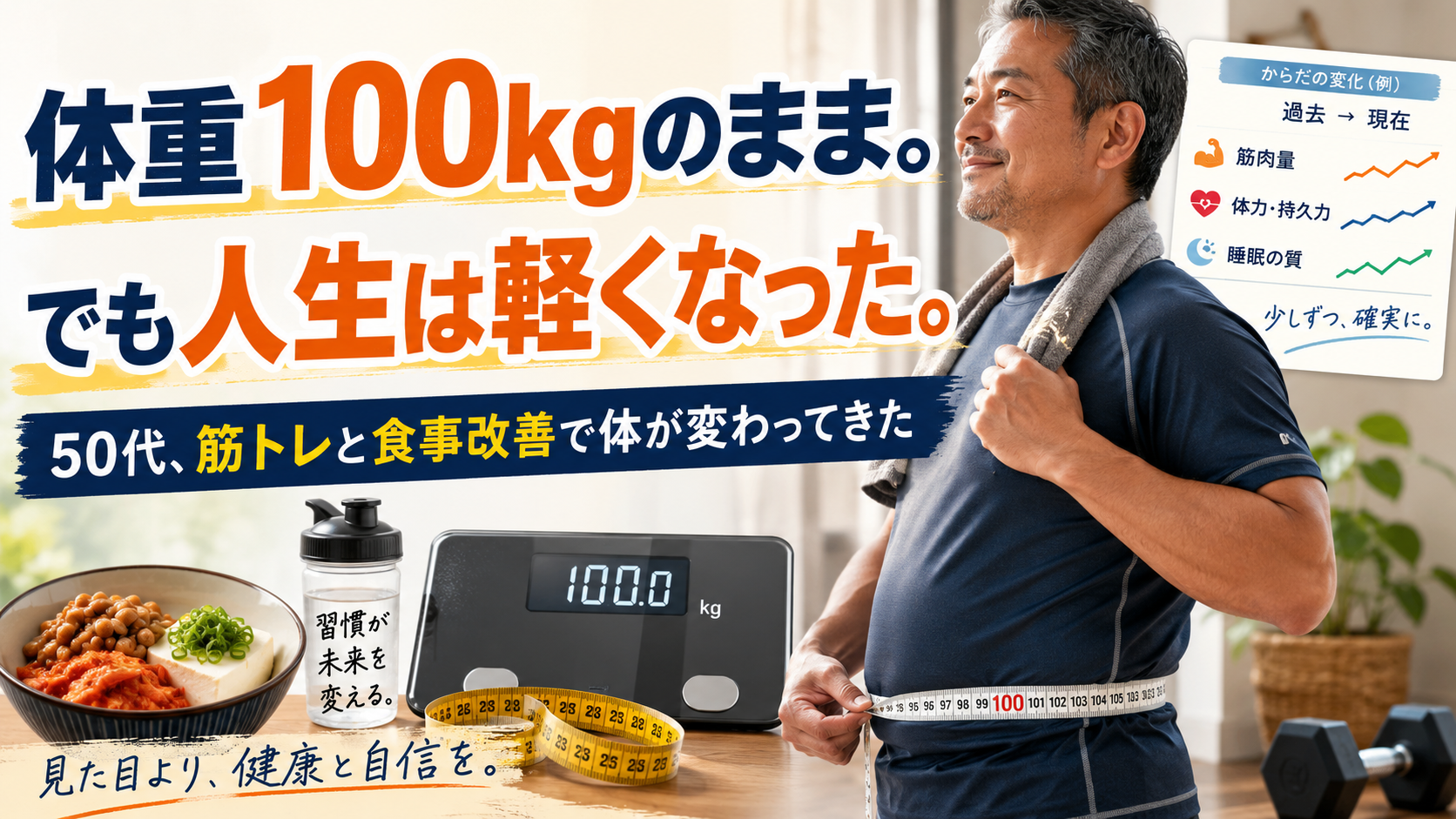 体重100kg前後を維持しながら、InBody履歴と血液検査の改善で体の変化を示す50代男性の体づくりイメージ