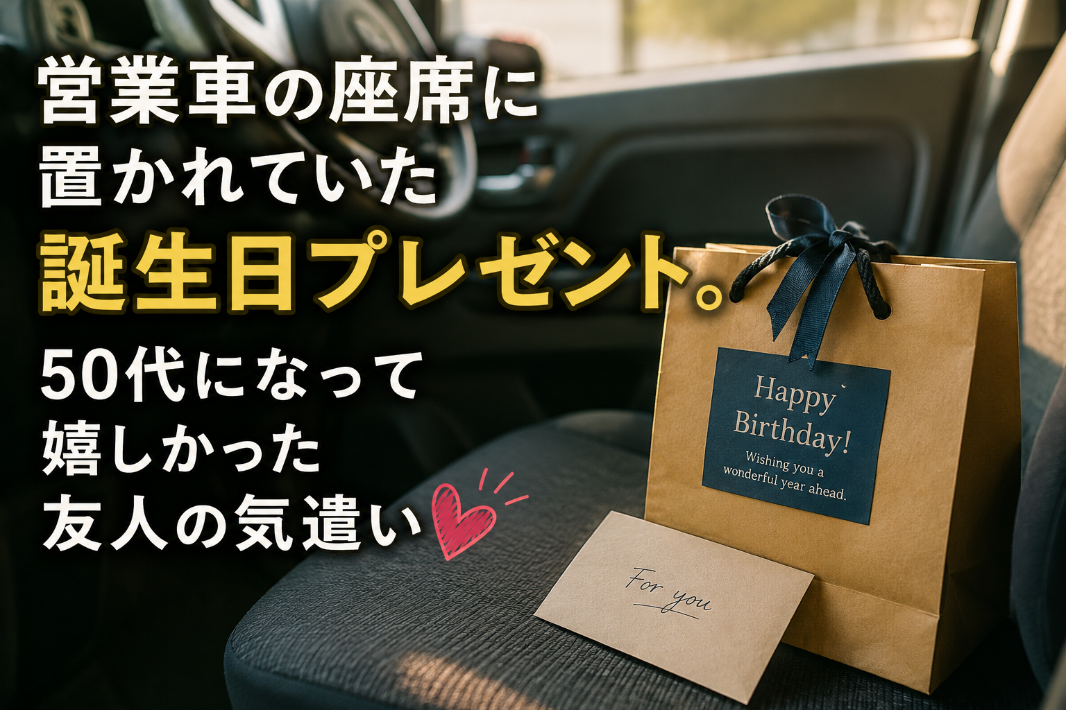 営業車の助手席に置かれた誕生日プレゼント。50代になって嬉しかった友人の気遣いを表現したアイキャッチ画像。