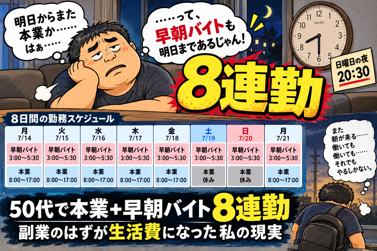 本業と早朝バイトを掛け持ちして8連勤になった50代の勤務スケジュール
