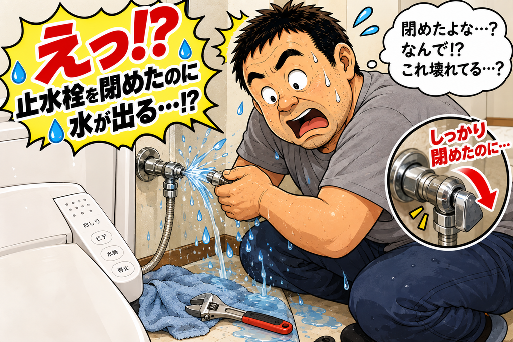温水洗浄便座の交換中、止水栓を閉めたのに水が出て焦る50代男性のイラスト